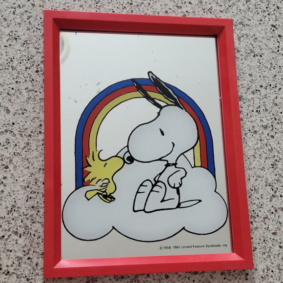 VTG Snoopy Woodstock Kissing Rainbow Cloud Mirror Red Framed Peanuts 1958 1965 - Picture 15 of 15